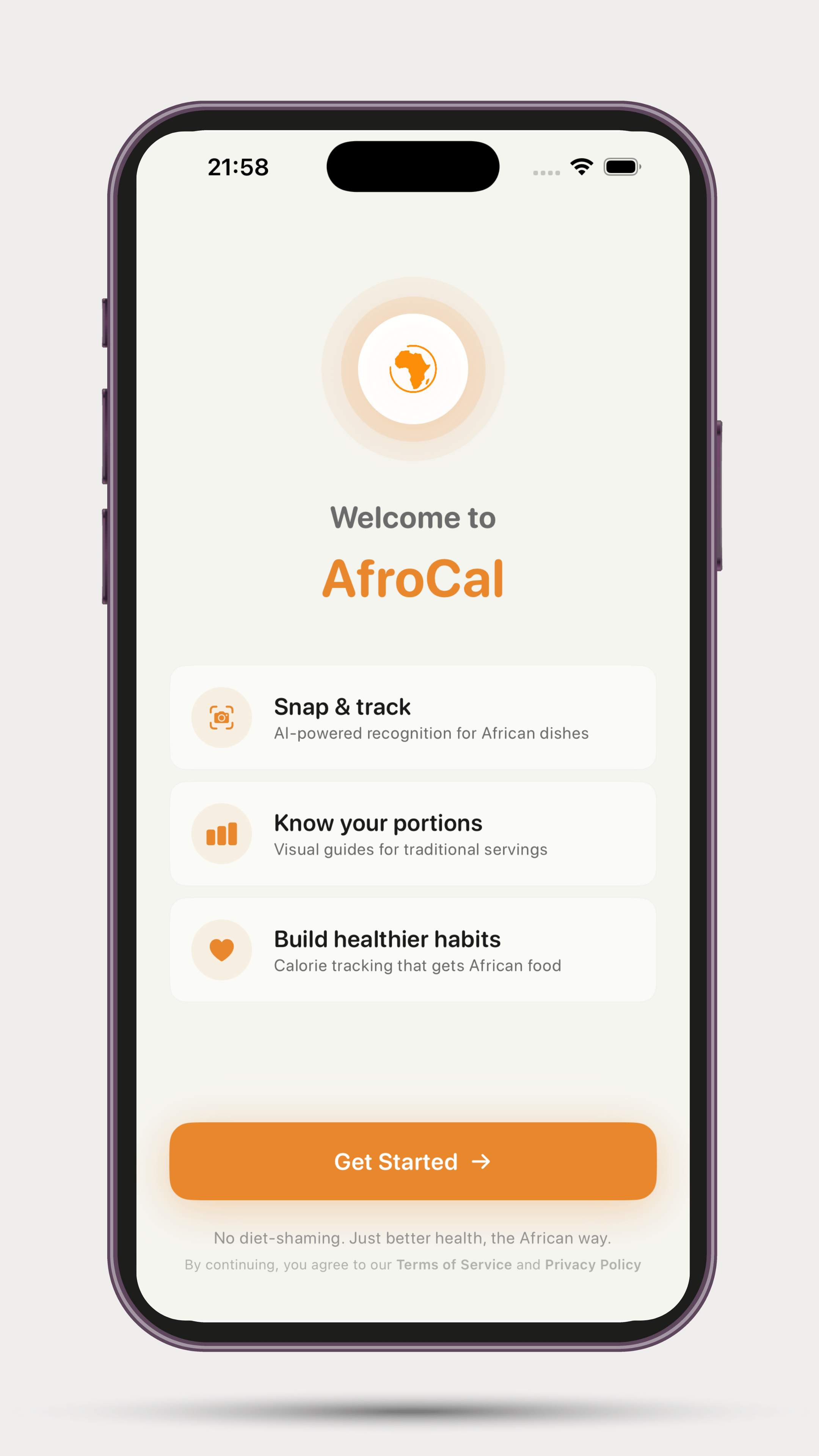 AfroCal welcome screen with Snap & track, portion guides, and habit building