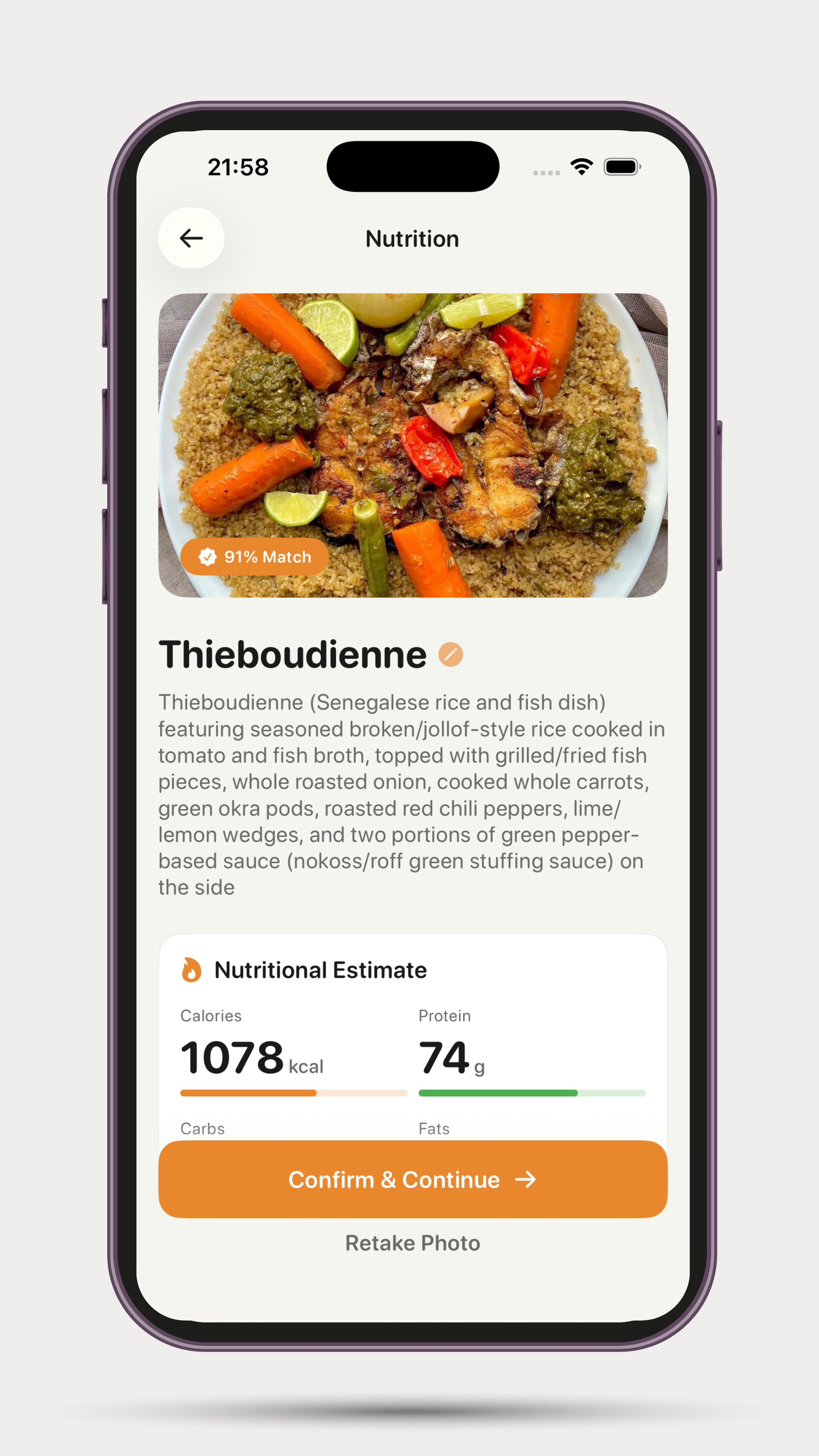 Nutrition confirmation for Thieboudienne with 91% match