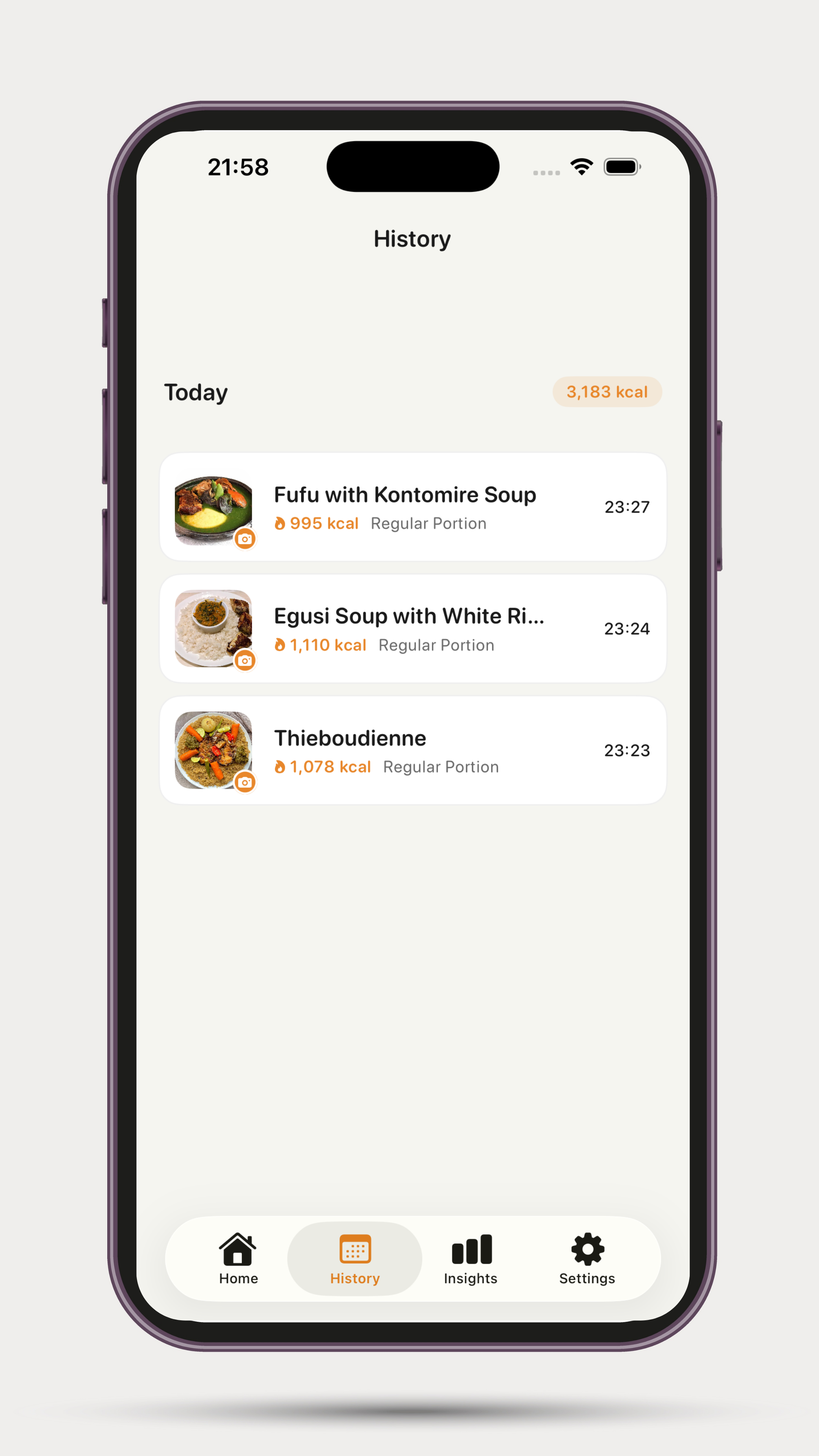 History of logged African meals