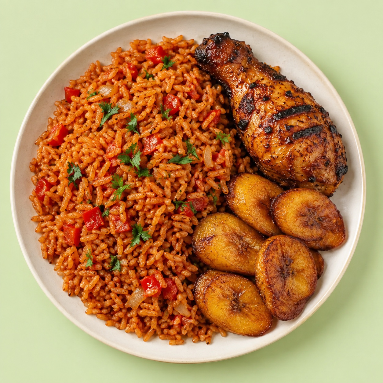 Jollof rice, grilled chicken and golden plantain on a ceramic plate